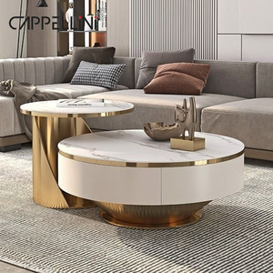 Modern Living Room White Round Marble Coffee Table Set Wooden Furniture Gold Metal  Luxury Center Table For The Living Room