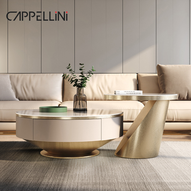 Modern Living Room White Round Marble Coffee Table Set Wooden Furniture Gold Metal  Luxury Center Table For The Living Room