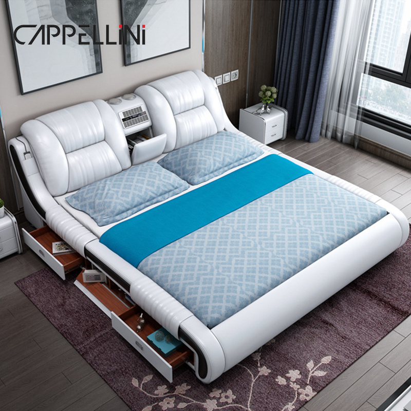 Cheap Wholesale Modern Double Soft Bed Queen Bedroom Set Furniture Luxury King Size Multifunctional Smart Leather Bed With Tv