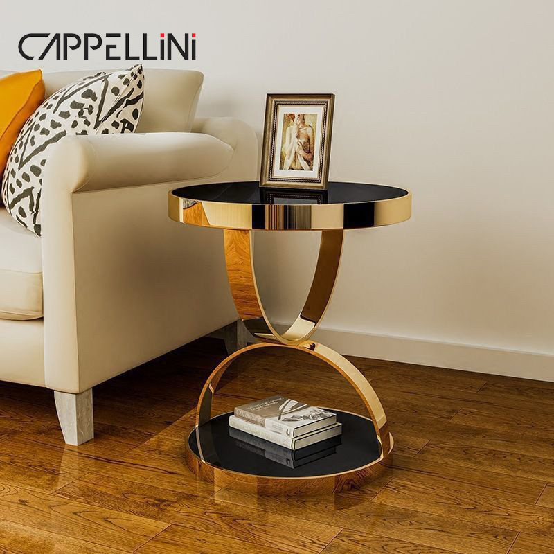 Cheap Wholesale Furniture Metal Sofa Small Tea Side Table Living Room Black Gold Round Tempered Glass Coffee Table