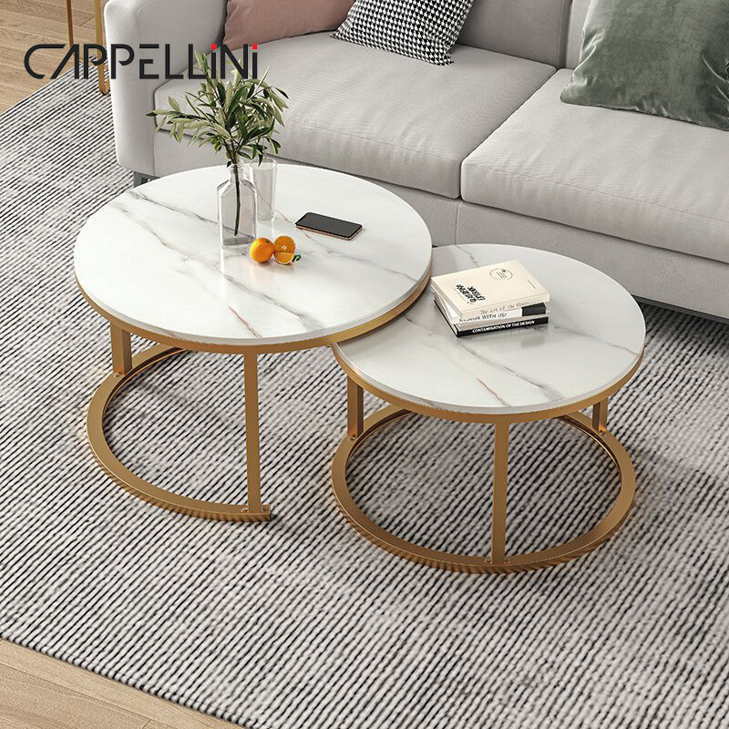 Ethiopian Black Metal Frame Coffee Table 2 Piece Set Modern Living Room Luxury Round Stone Marble Top Center Tea Table