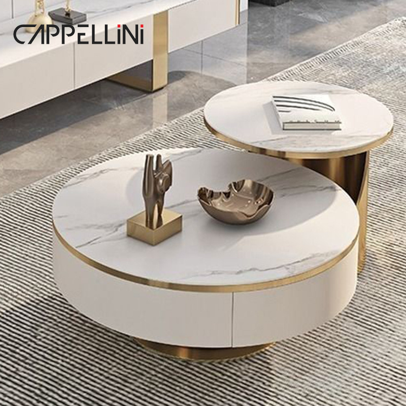 Modern Living Room White Round Marble Coffee Table Set Wooden Furniture Gold Metal  Luxury Center Table For The Living Room