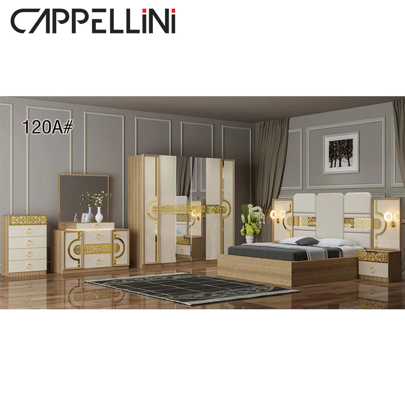 super king size 8 doors royal Luxury bedroom furniture set high end royal LED lighted mirrored headboard bedroom sets