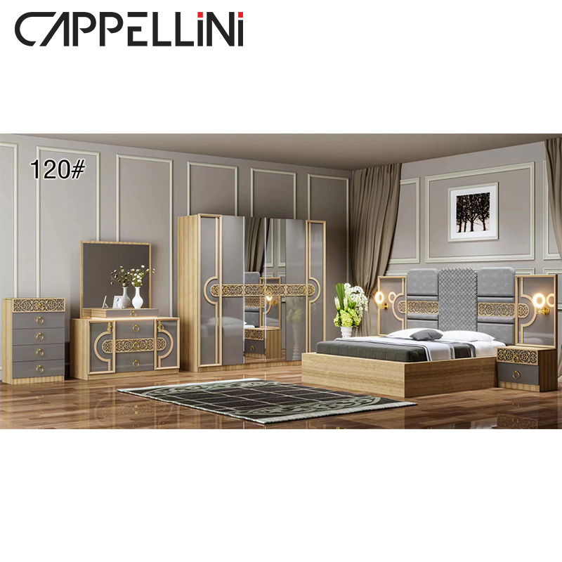 super king size 8 doors royal Luxury bedroom furniture set high end royal LED lighted mirrored headboard bedroom sets