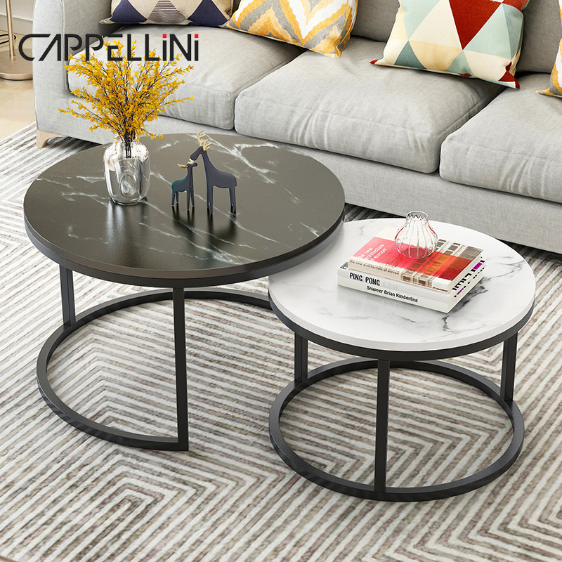 Ethiopian Black Metal Frame Coffee Table 2 Piece Set Modern Living Room Luxury Round Stone Marble Top Center Tea Table