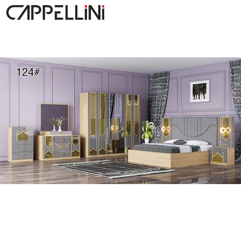 super king size 8 doors royal Luxury bedroom furniture set high end royal LED lighted mirrored headboard bedroom sets