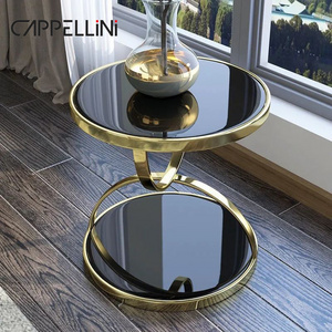 Cheap Wholesale Furniture Metal Sofa Small Tea Side Table Living Room Black Gold Round Tempered Glass Coffee Table