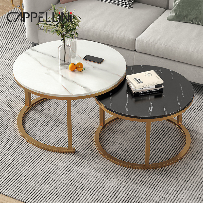 Ethiopian Black Metal Frame Coffee Table 2 Piece Set Modern Living Room Luxury Round Stone Marble Top Center Tea Table