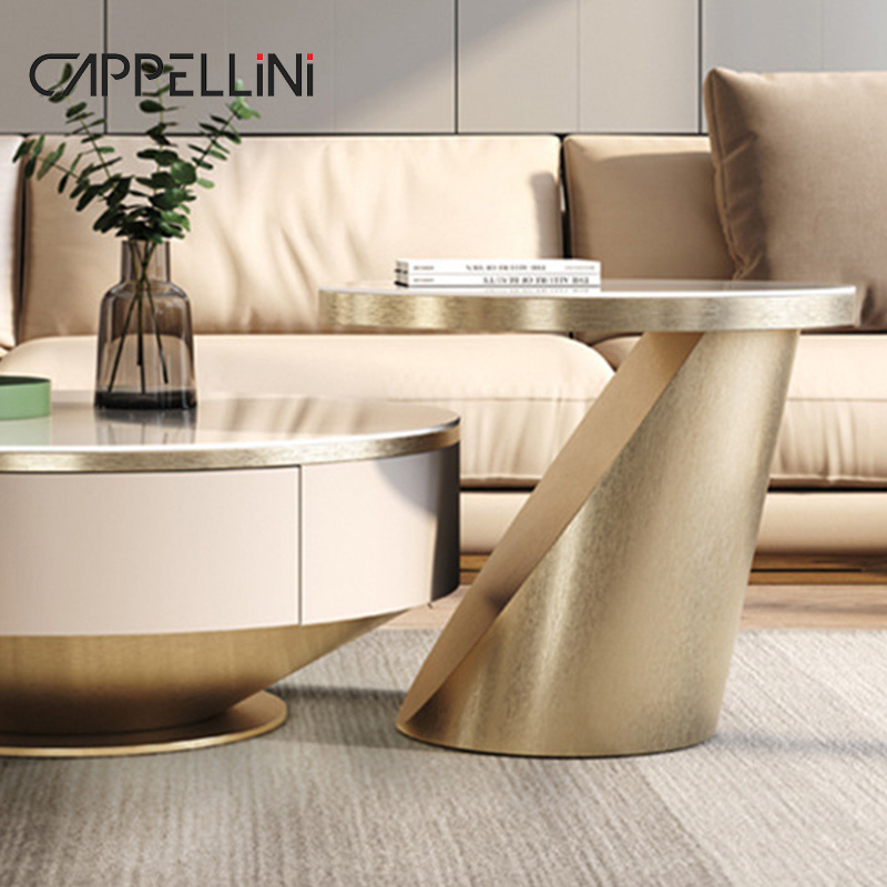 Modern Living Room White Round Marble Coffee Table Set Wooden Furniture Gold Metal  Luxury Center Table For The Living Room