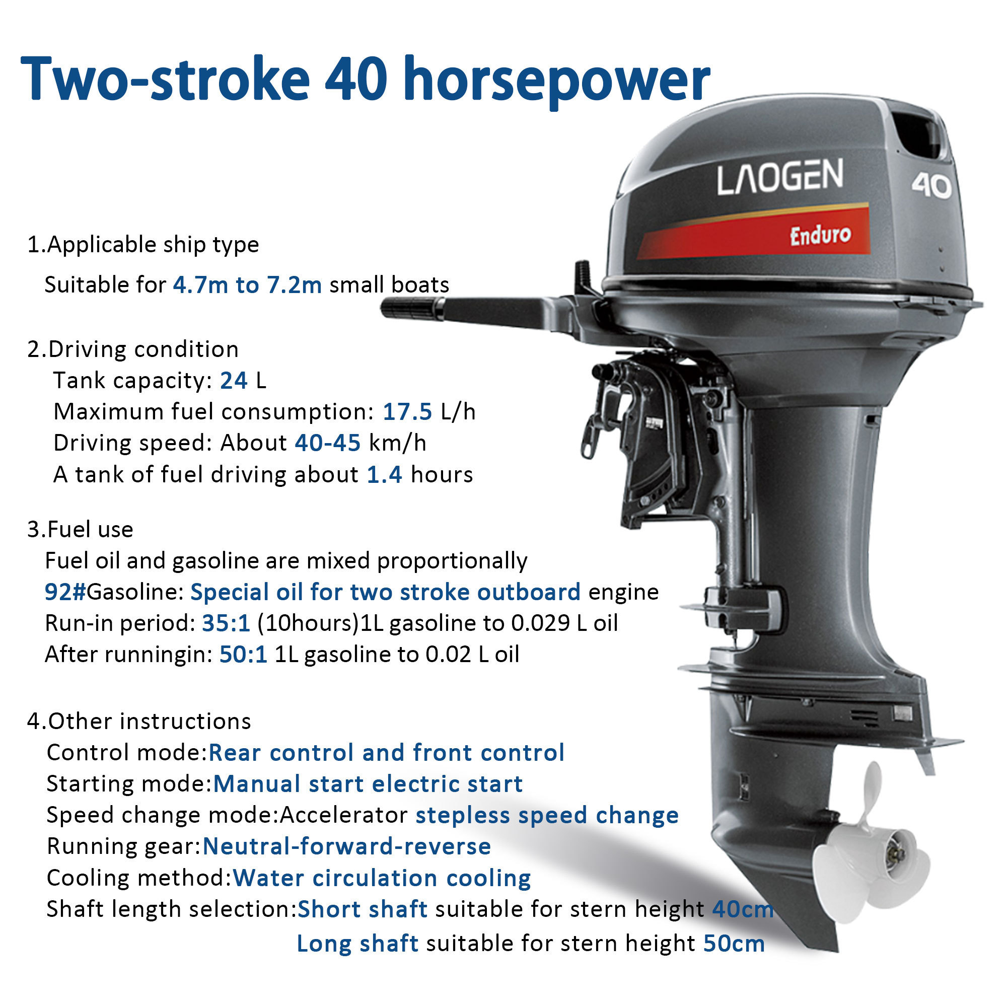 Laogen boat motor outboard match yamaha Enduro-E40X outboard motor 2 stroke 40hp long shaft Electric Start boat outboard engine