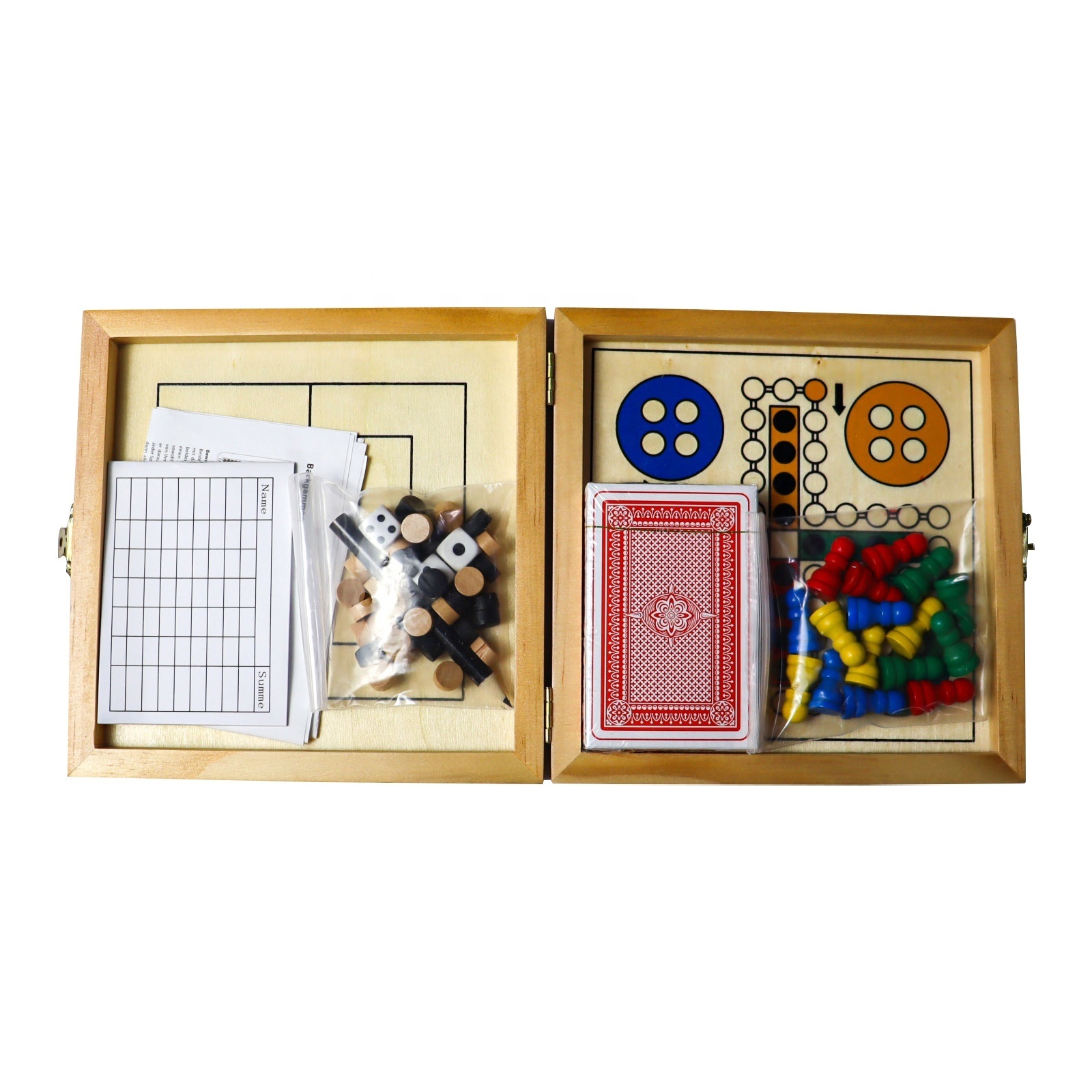 C04200  Mini Wooden 5 in 1 Ludo Checkers Backgammon Nine men's Morris & Playing Card Game Combo chess multi game Board set