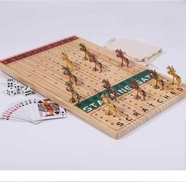 C02027C Wholesale Dice And Card Wooden Challenge Toy Brain Teaser Gamble Horse Racing Board Game For Kids Family