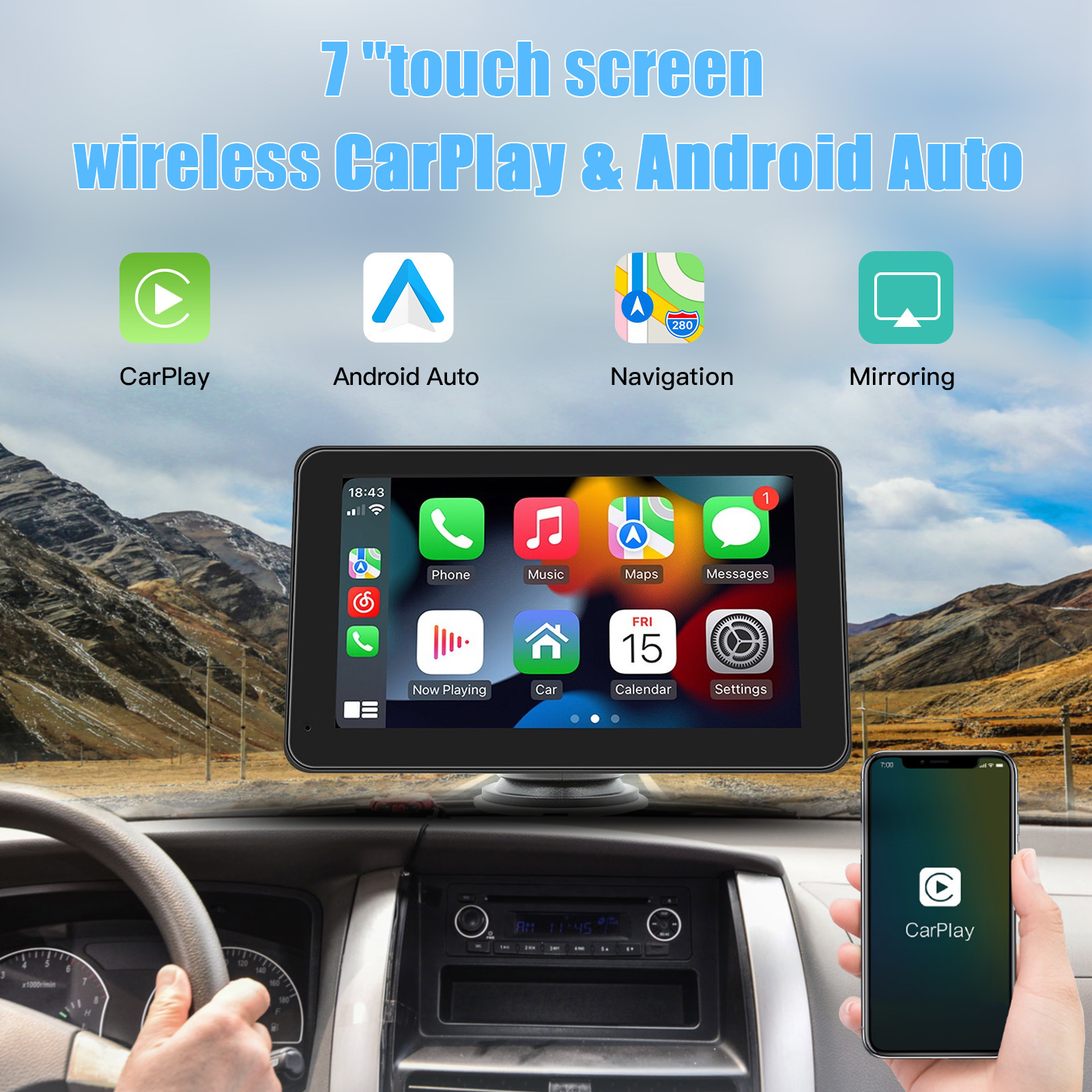 CARABC Smart Portable Wireless Carplay Screen Android Auto Display GPS Navigation 7