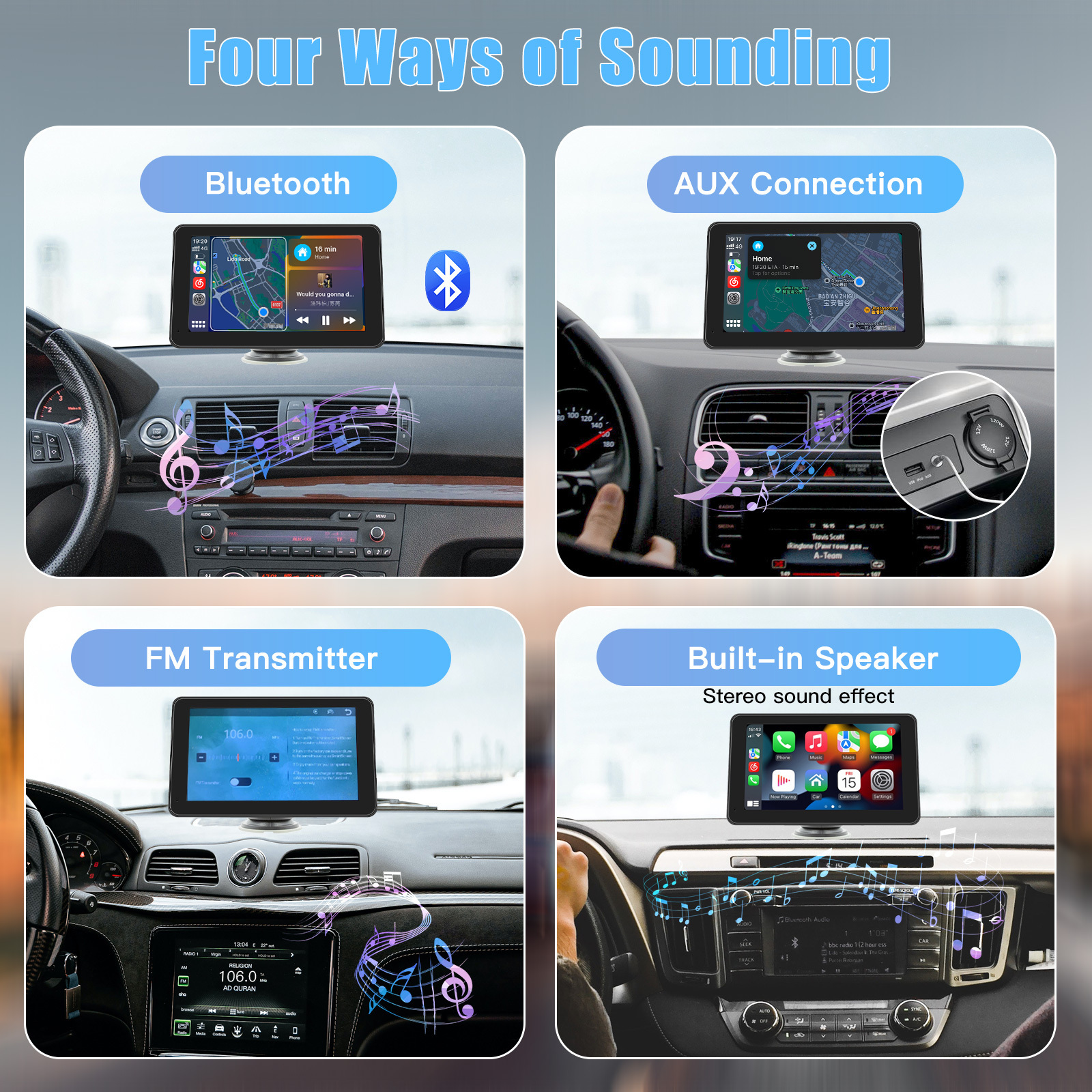 CARABC Smart Portable Wireless Carplay Screen Android Auto Display GPS Navigation 7