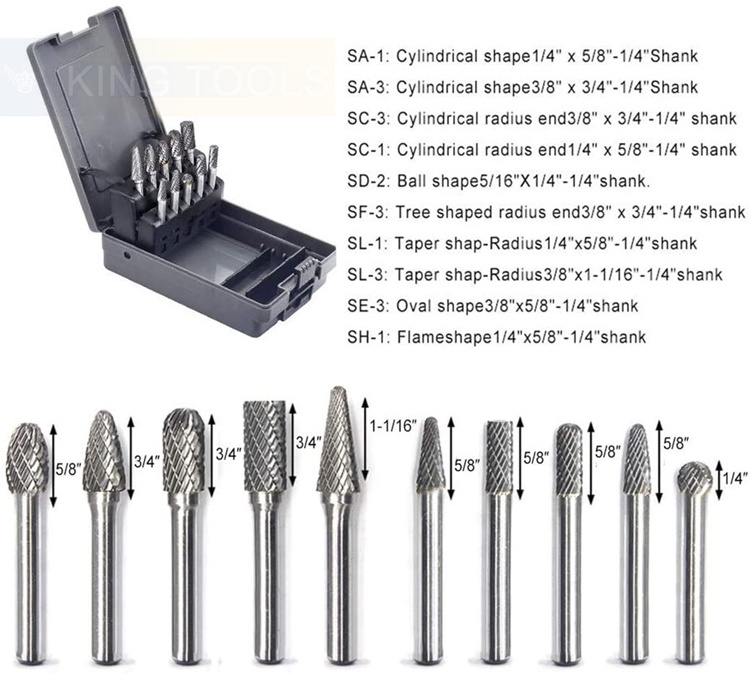 Factory Wholesale 10pcs Double Cut Solid Rotary Carbide  Burr Set 1/4 Inch Shank tool for Die Grinder Drill Metal