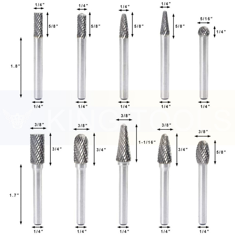 Factory Wholesale 10pcs Double Cut Solid Rotary Carbide  Burr Set 1/4 Inch Shank tool for Die Grinder Drill Metal