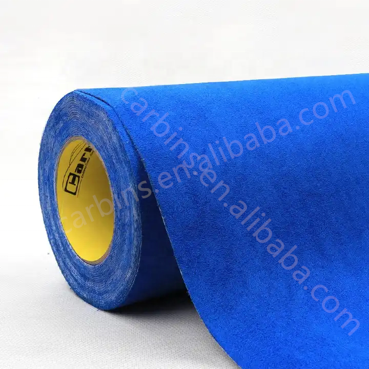 Carbins Blue Adhesive Suede Fabric Self Adhesive Alcantara Fabric With Glue For Car Interior Decoration 1.42*15M