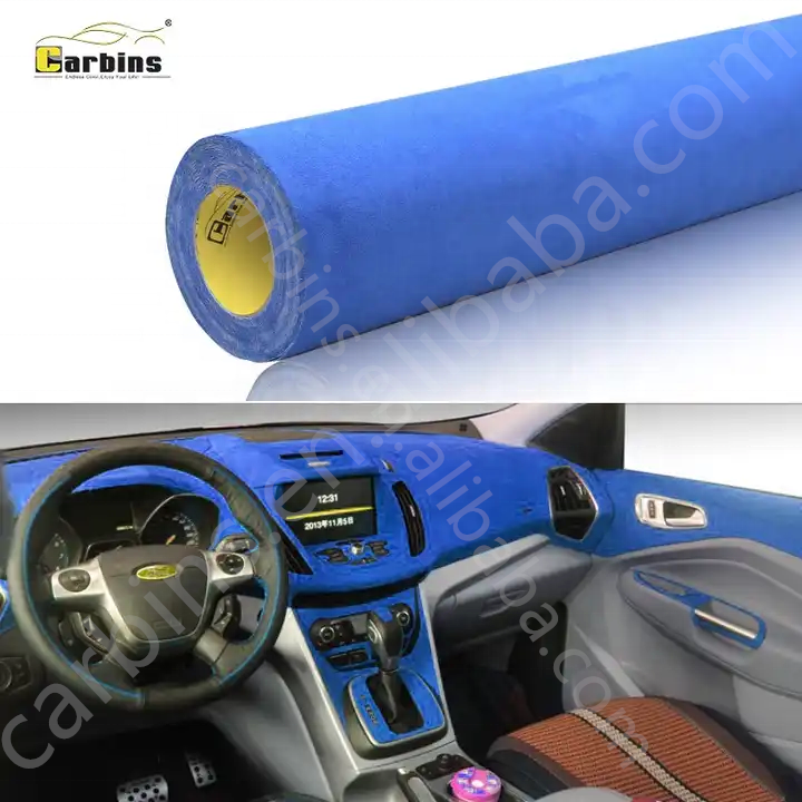 Carbins Blue Adhesive Suede Fabric Self Adhesive Alcantara Fabric With Glue For Car Interior Decoration 1.42*15M