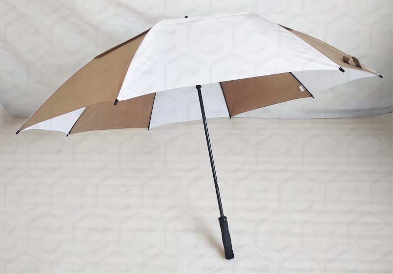 Manual style high quality full fiberglass brown and white double layer golf umbrella