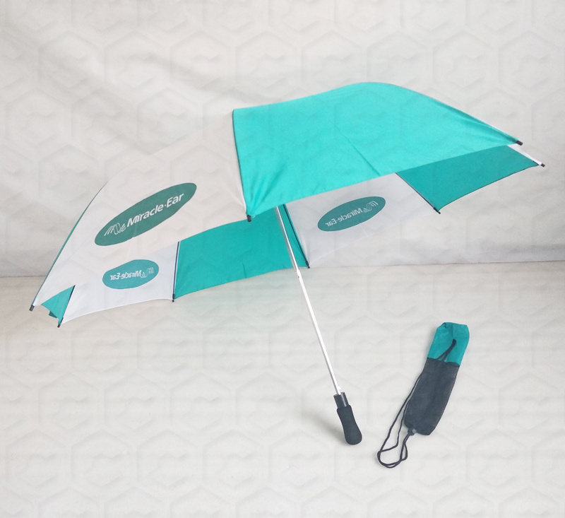 Sky blue and white alternate with client logo printing good quality 27inch big 2 foldable golf umbrella