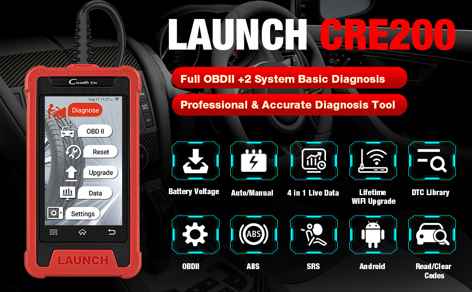 LAUNCH CRE200 OBD2 Automotive Scanner Code Reader Brake Bleeding ABS Airbag SRS Reset Crash Data OBD 2 Car Diagnostic Tool