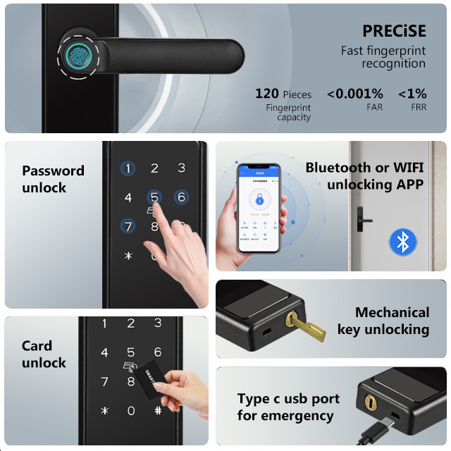 Tuya/TT Lock/APP Optional Smart Fingerprint Door Lock Digital Electric Lock With Long Handle Security Anti-theft For Home Hotel