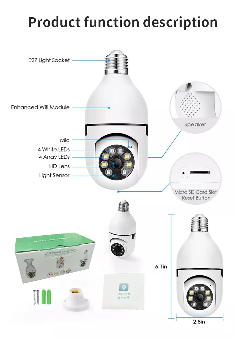 E27 1080P Wireless Light Camera Lamp Holder 2MP WiFi Bulb Camera Indoor Night Vision Surveillance Light Bulb Camera