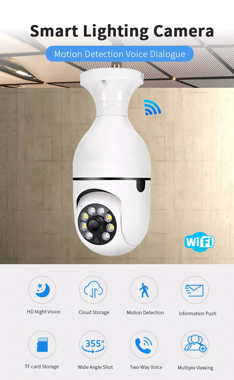 E27 1080P Wireless Light Camera Lamp Holder 2MP WiFi Bulb Camera Indoor Night Vision Surveillance Light Bulb Camera