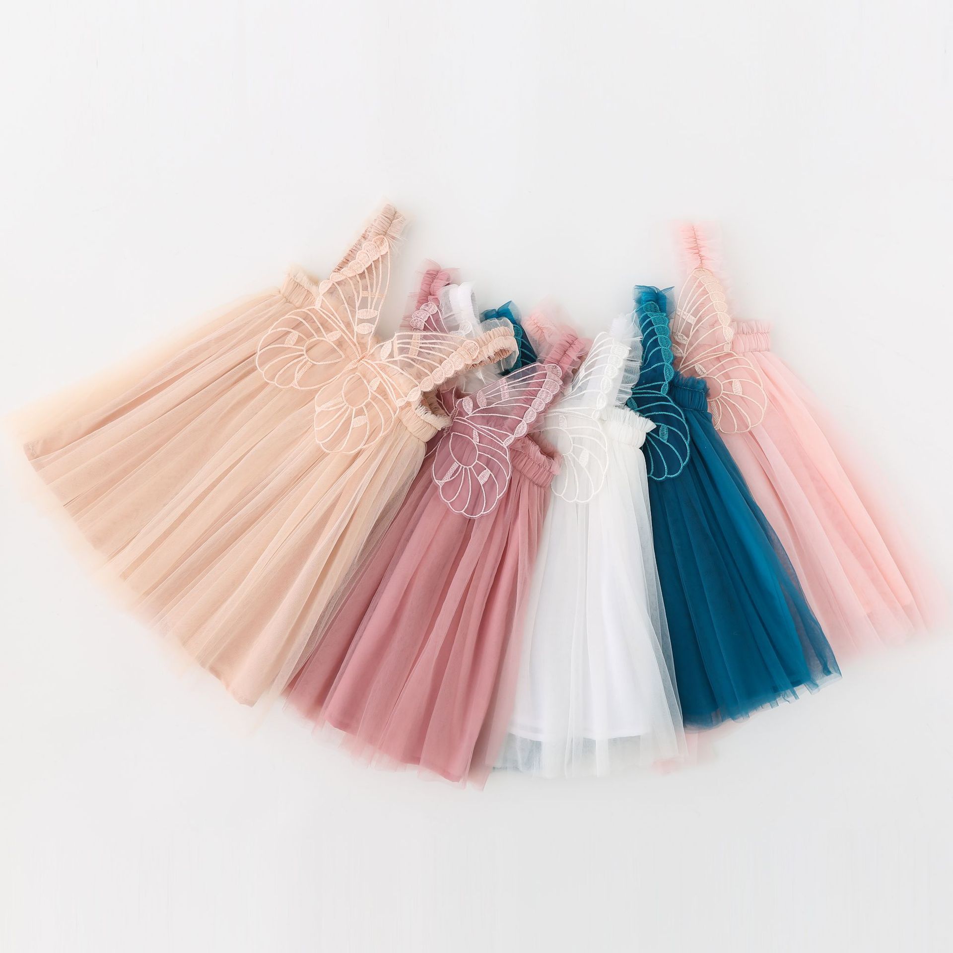 Cutest Kids Girl Tulle Dress Sleeveless 3D Butterfly Wings Pleated Solid Summer Lace Dress for Party Stage Show