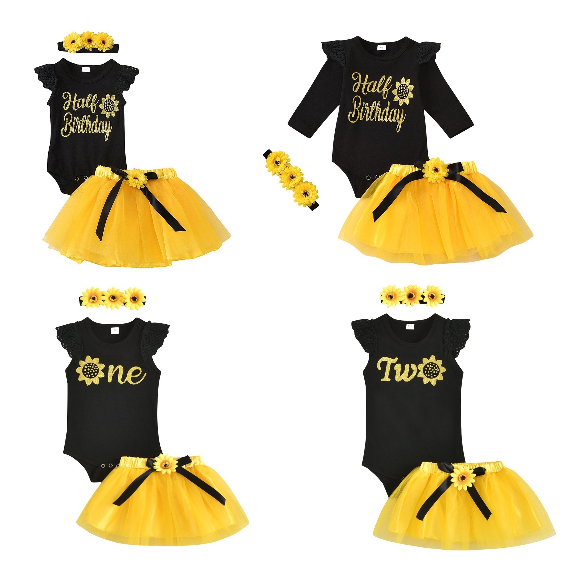 Newborn Infant Baby Girl 1st Birthday Outfit Romper + Sunflower Headband Tutu Dress Twins Party Gauze Dressing 3Pcs Outfits Set