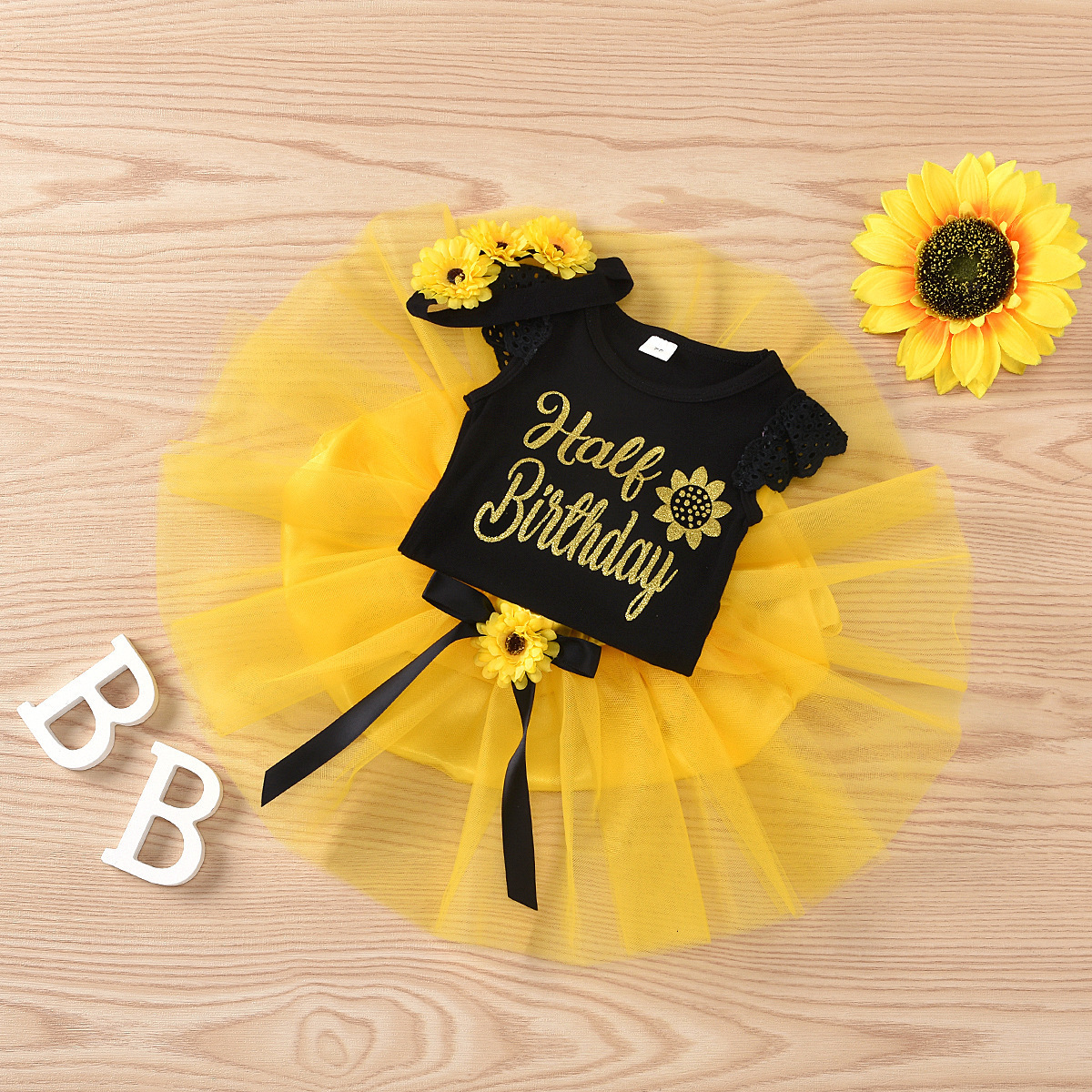 Newborn Infant Baby Girl 1st Birthday Outfit Romper + Sunflower Headband Tutu Dress Twins Party Gauze Dressing 3Pcs Outfits Set