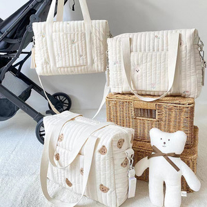 Large Capacity Stroller Organizer Nordic Style Embroidered Bear Mummy Bag Portable Stroller Cup Holder Cotton Diaper Bag