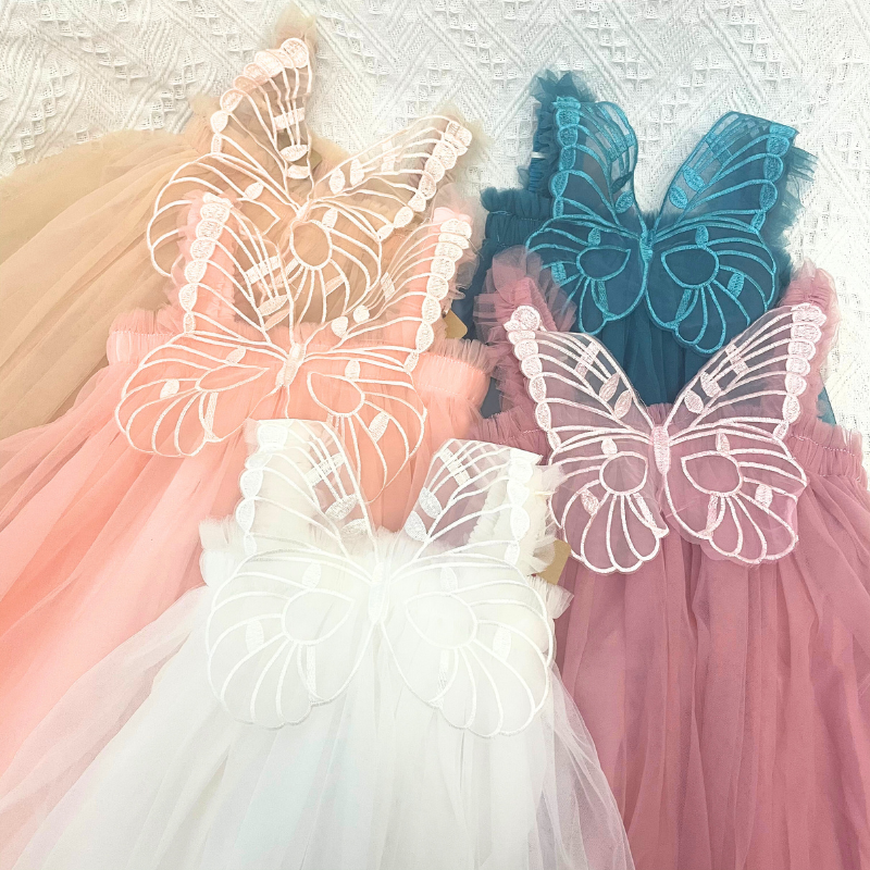 Cutest Kids Girl Tulle Dress Sleeveless 3D Butterfly Wings Pleated Solid Summer Lace Dress for Party Stage Show