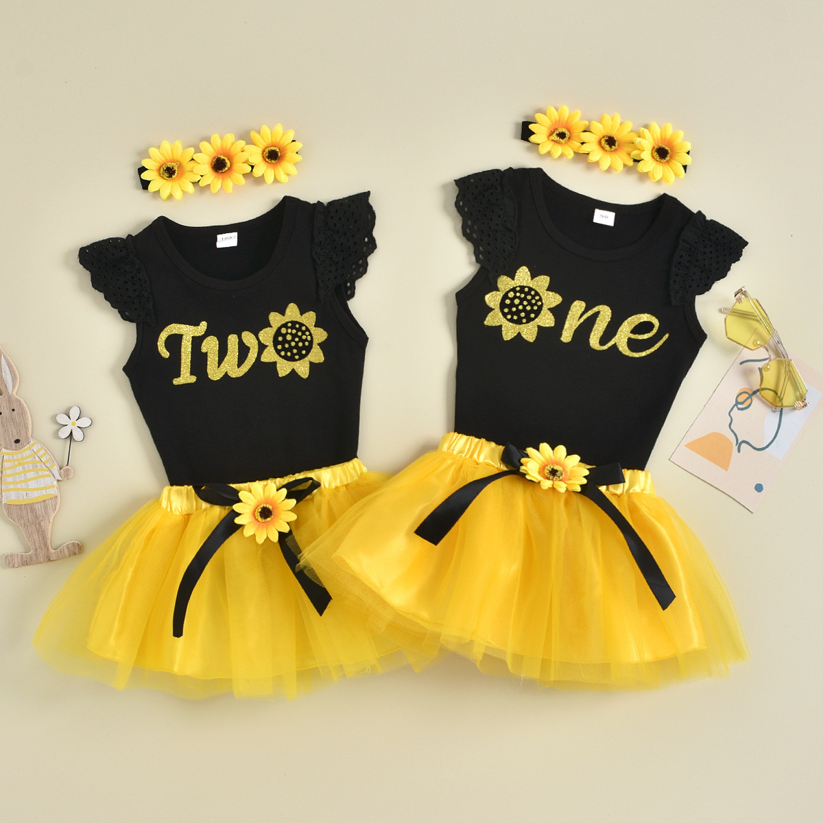 Newborn Infant Baby Girl 1st Birthday Outfit Romper + Sunflower Headband Tutu Dress Twins Party Gauze Dressing 3Pcs Outfits Set