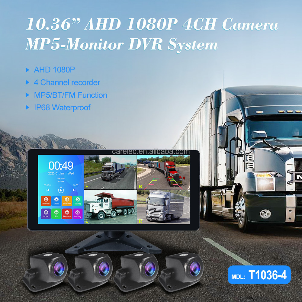 Sunway 10.36 Inch 4ch Split Screen Carplay DVR Recorder Monitor With AHD Front Rear Backup 1080P Camera For Truck/Bus/Traile