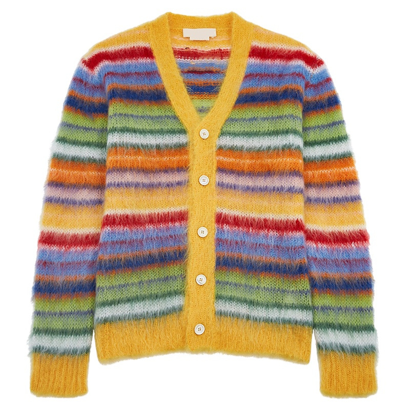 Custom OEM  men mohair sweater Fuzzy Long Sleeve knitwear winter Cardigan coat Striped knit top mohair knitted sweater men