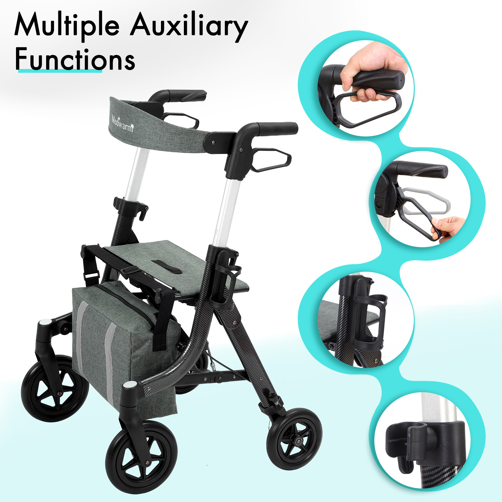 Medwarm aluminum compact foldable lightweight rollator walkers for adult with seat and bag