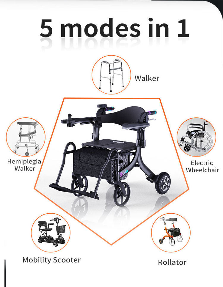 Disabled people rehabilitation equipment mobility walking aids 3in 1 electric rollator with wheelchair