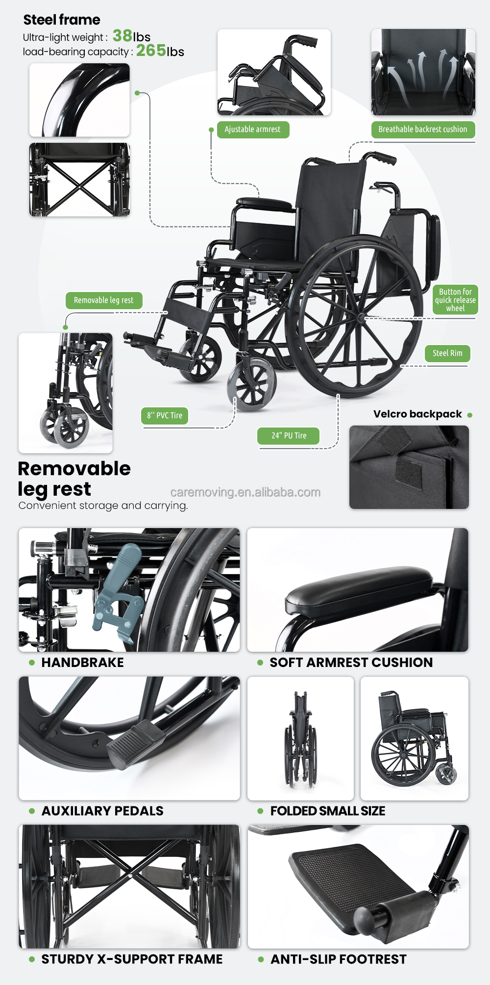 Manual wheelchair silla de ruedas plegable with Full Arms and Removable Swing-Away Footrest chair with wheels for disabled