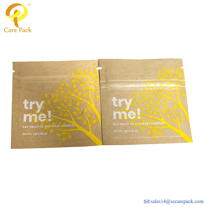 Biodegradable Kraft Paper Pouch Custom 3 Side Seal Flat Bag For Cosmetics Sample Packet