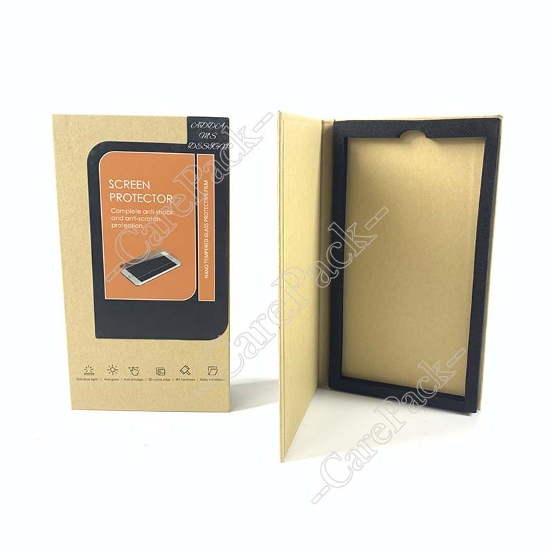 Custom Printing Hard Kraft Paper Book Shape Flip Lid Luxury Phone Case Mobile Accessory Tempered Glass Packaging Box with EVA