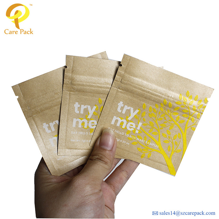 Biodegradable Kraft Paper Pouch Custom 3 Side Seal Flat Bag For Cosmetics Sample Packet