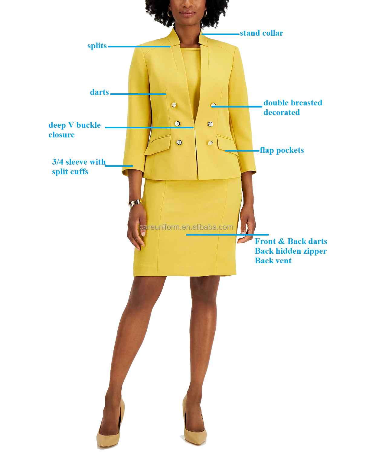 Fashion stylish 3 4 sleeve blazer and short skirt 2 piece yellow office wear women formal business suits BestSuppliers