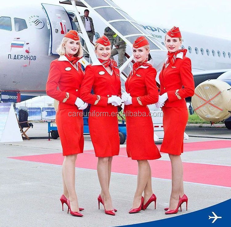 Flight Attendants Uniform Women Embroidered Hat Scarf Jacket Dress Suit Sexy Russian Airlines Stewardess Uniform