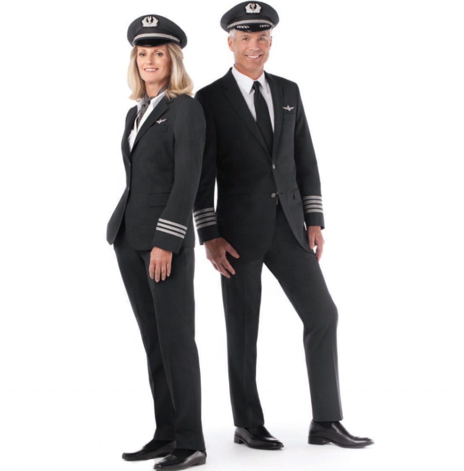 High grade grey color classical design men and women flight suit custom American airline captain pilot uniform