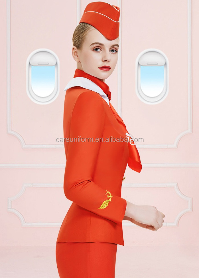 Flight Attendants Uniform Women Embroidered Hat Scarf Jacket Dress Suit Sexy Russian Airlines Stewardess Uniform