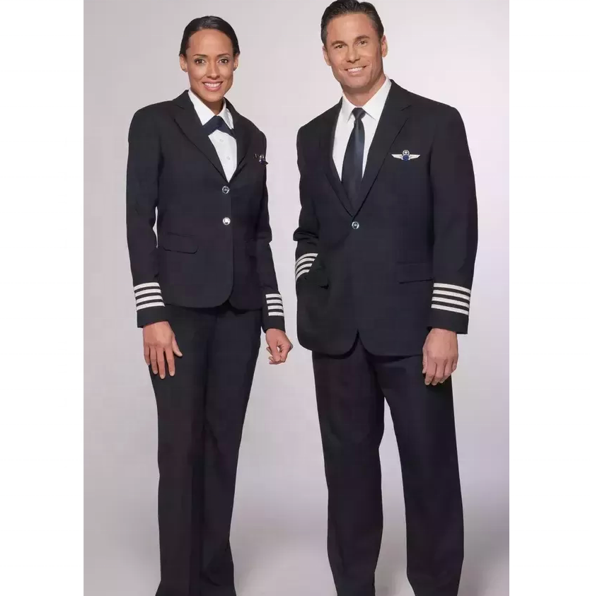 High grade grey color classical design men and women flight suit custom American airline captain pilot uniform