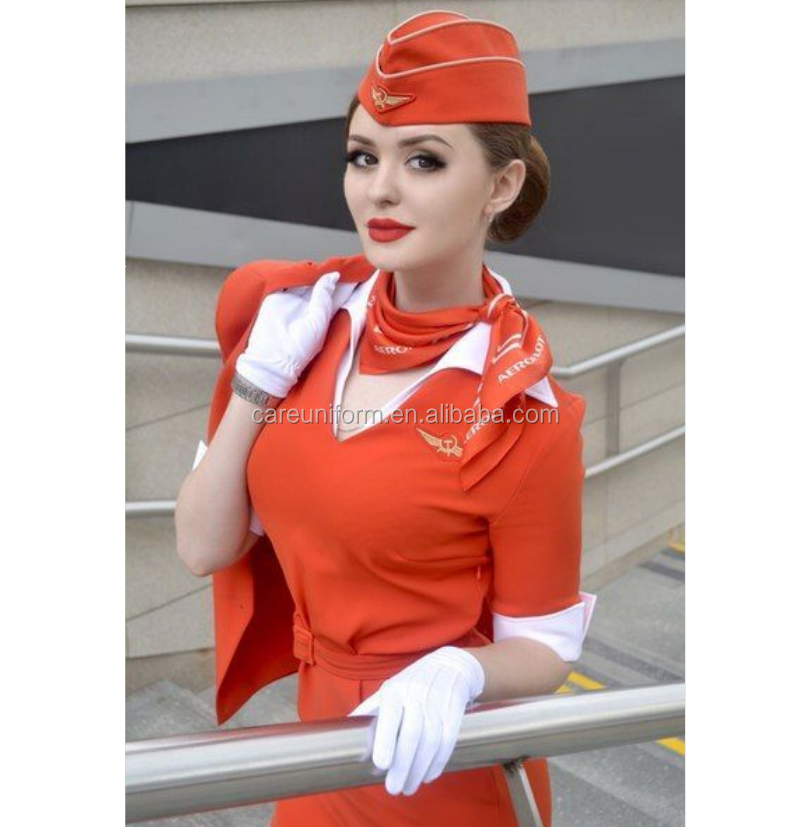 Flight Attendants Uniform Women Embroidered Hat Scarf Jacket Dress Suit Sexy Russian Airlines Stewardess Uniform