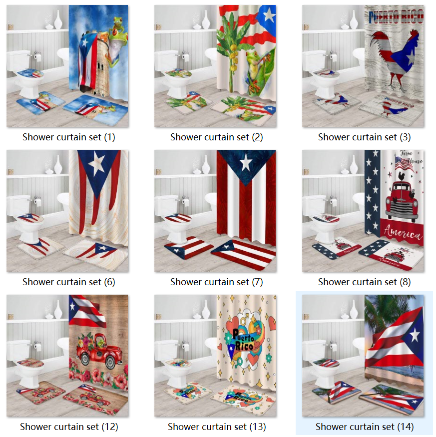 4 Piece Shower Curtain Sets, Puerto Rico Flag Style Rooster on Wood Plank Background Include Non-Slip Rug/