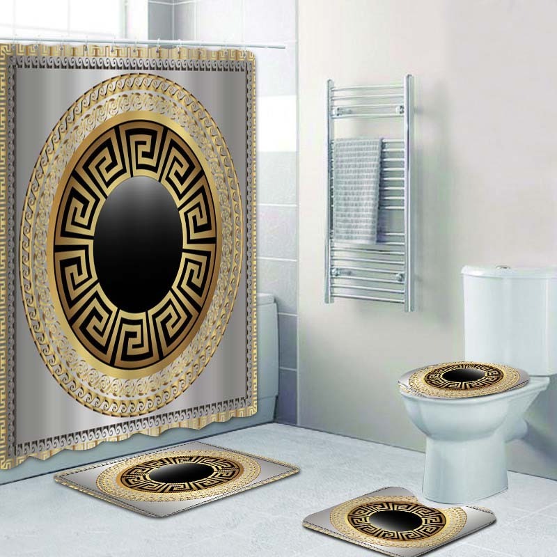 3D Luxury Black Gold Greek Key Meander Bathroom Curtains Shower Curtain Set for Bathroom Modern Geometric Ornate Bath Rug Decor